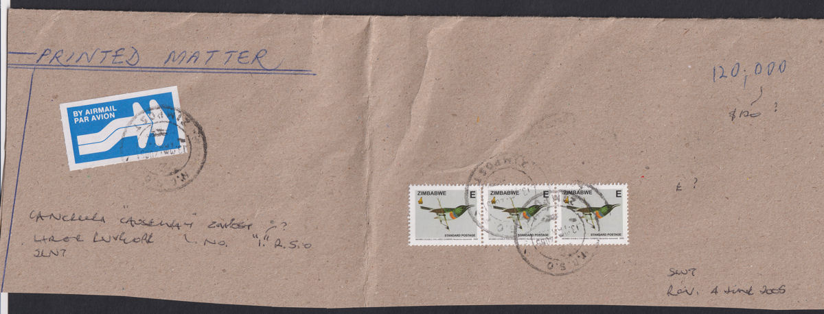 Zimbabwe 2005 QEII Sunbird E Strip of 3 Used on Airmail Part Cover SG1152