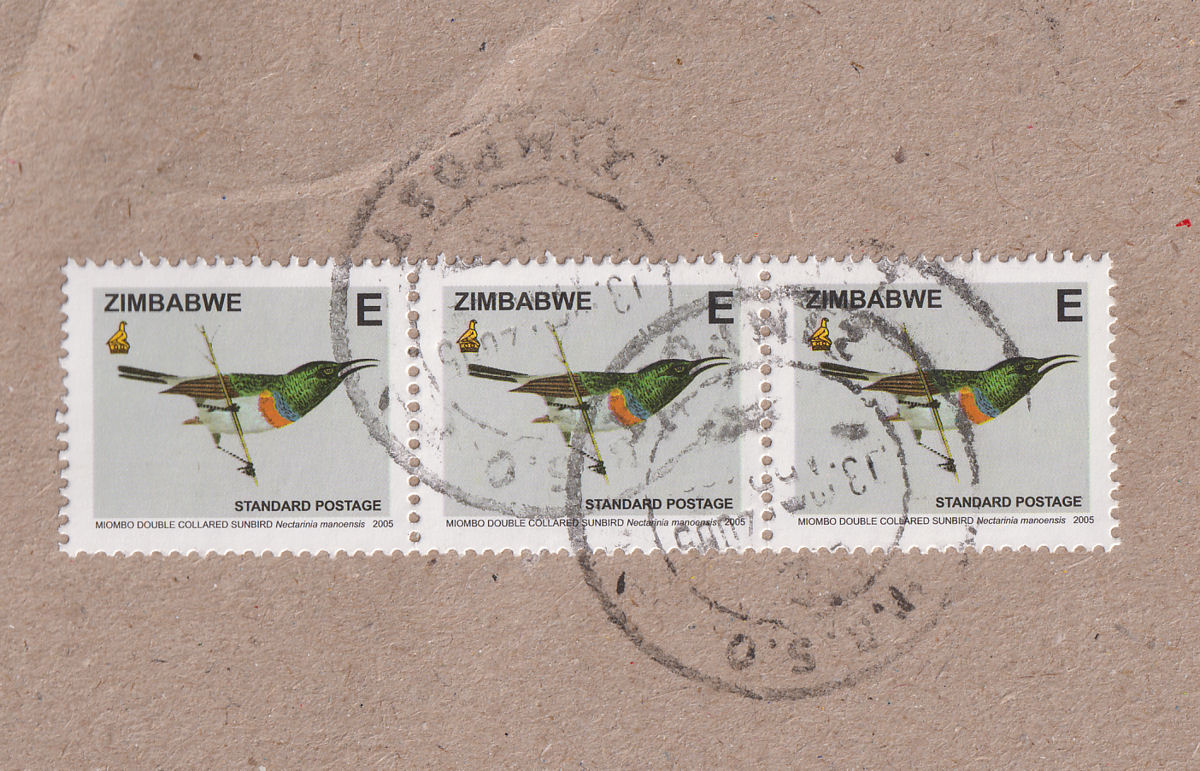 Zimbabwe 2005 QEII Sunbird E Strip of 3 Used on Airmail Part Cover SG1152