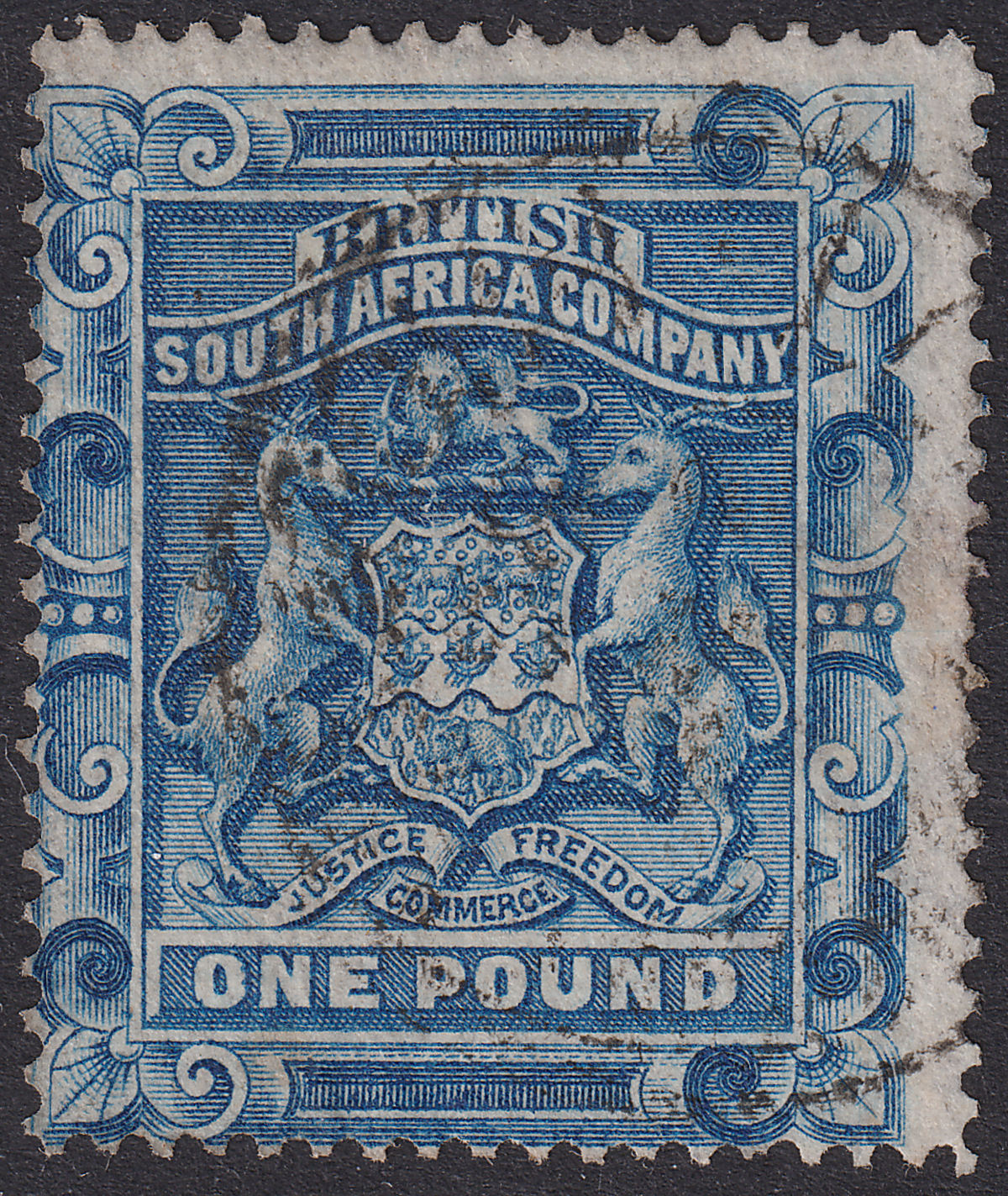 Rhodesia 1892 QV BSAC £1 Deep Blue Fiscally Used SG10 c£180 as postal Bogus Pmk