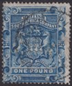 Click for more photos and details Rhodesia 1892 QV BSAC £1 Deep Blue Fiscally Used SG10 c£180 as postal Bogus Pmk