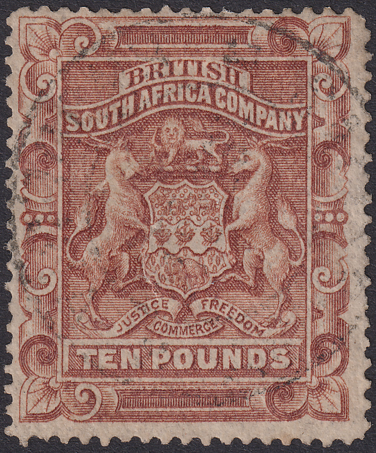Rhodesia 1892 QV BSAC £10 Fiscally Used Cleaned Bogus Pmk SG13 c£700 as postal
