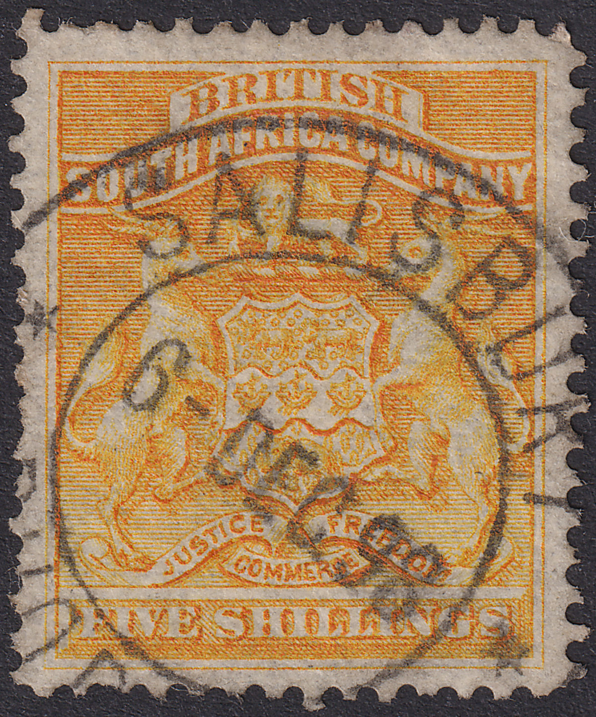 Rhodesia 1892 QV BSAC First Arms 5sh Orange-Yellow Used SG8 cat £65