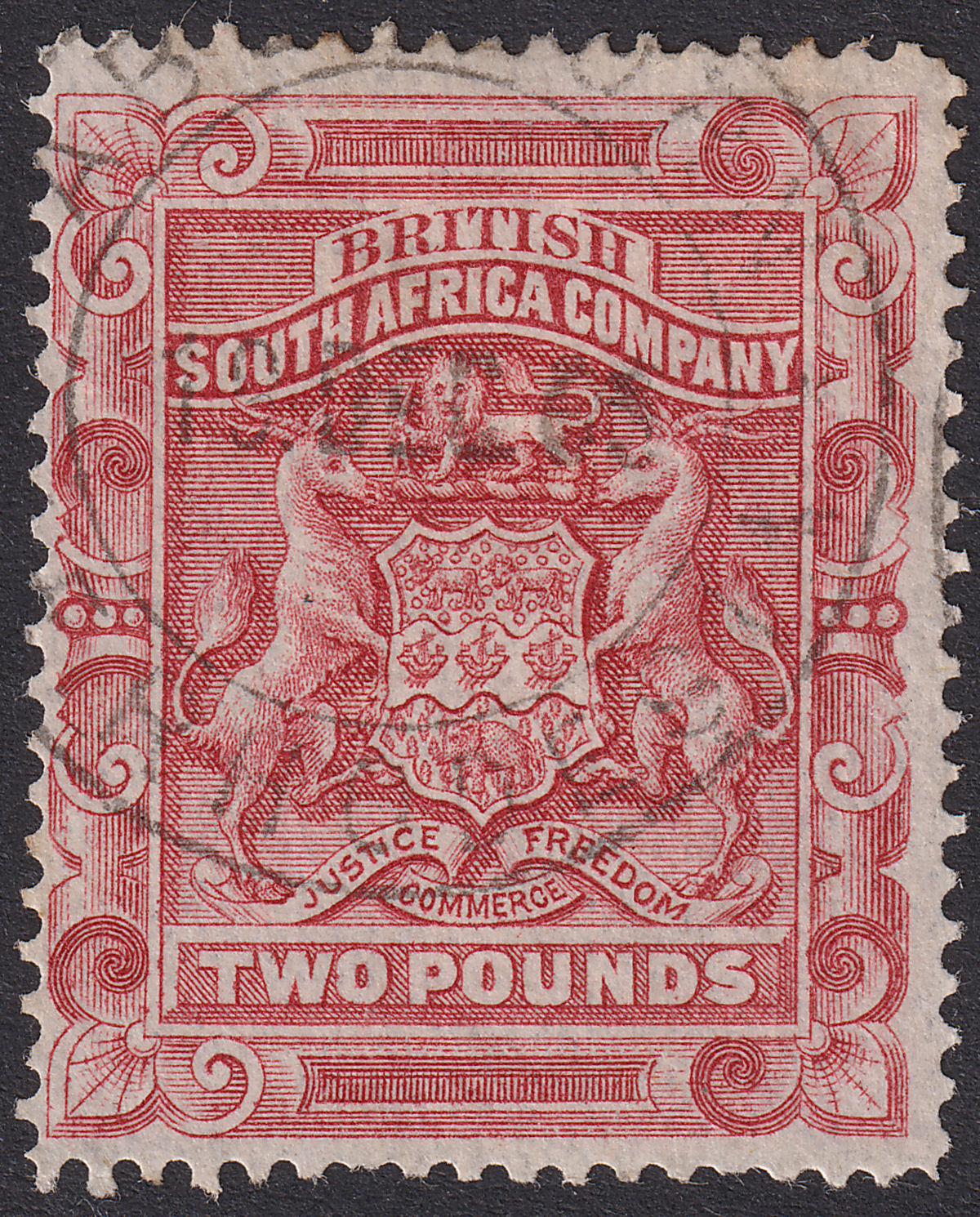 Rhodesia 1892 QV BSAC Arms £2 Rosy Red p14 Abercorn Postmark Used* SG11 cat £180