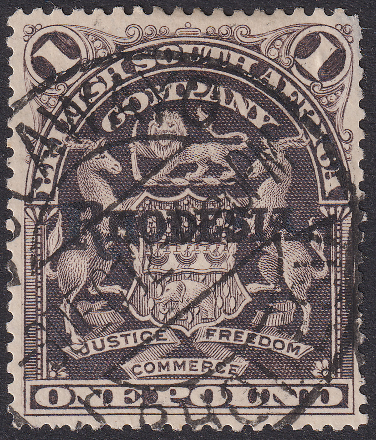 Rhodesia 1909 KEVII Large Arms Overprint £1 Grey-Purple Used SG113 c£110 FAULT