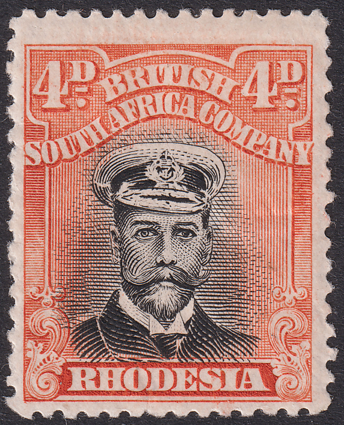 Rhodesia 1923 KGV Admiral 4d Black + Or-Red Die IIIB p14 Mint SG294 Cap Dot THIN