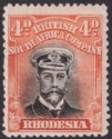 Click for more photos and details Rhodesia 1923 KGV Admiral 4d Black + Or-Red Die IIIB p14 Mint SG294 Cap Dot THIN