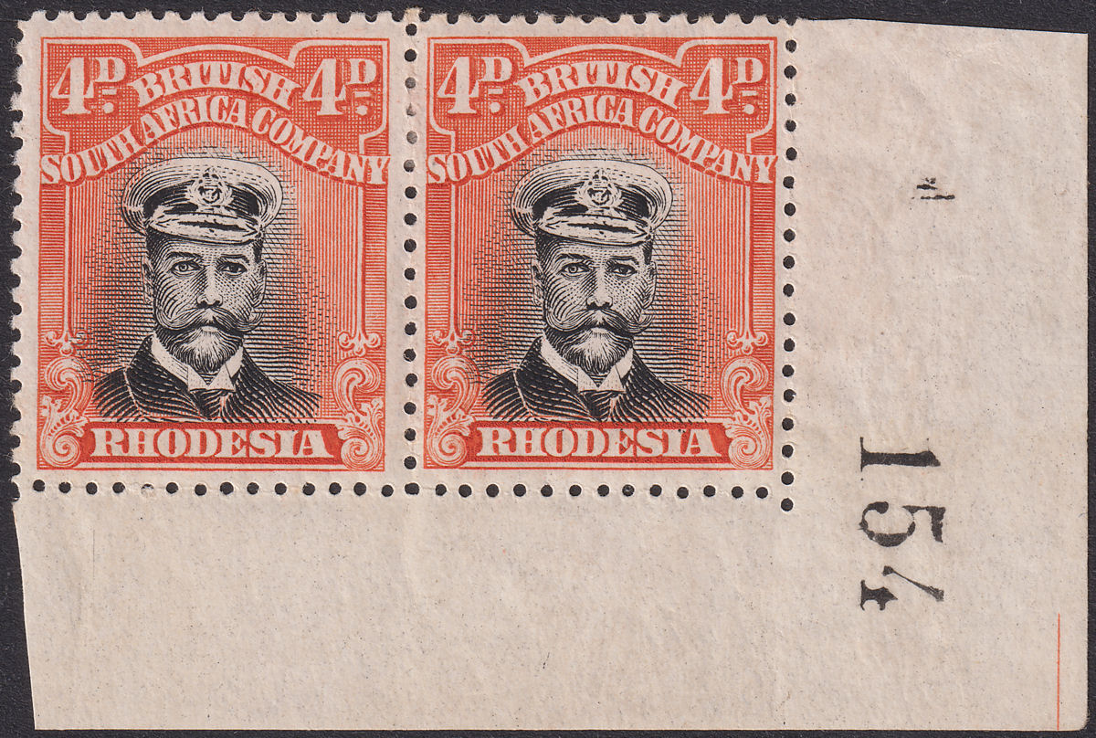 Rhodesia 1922 KGV Admiral 4d Black + Orange-Red Die IIIB p14 Sheet No Mint SG294