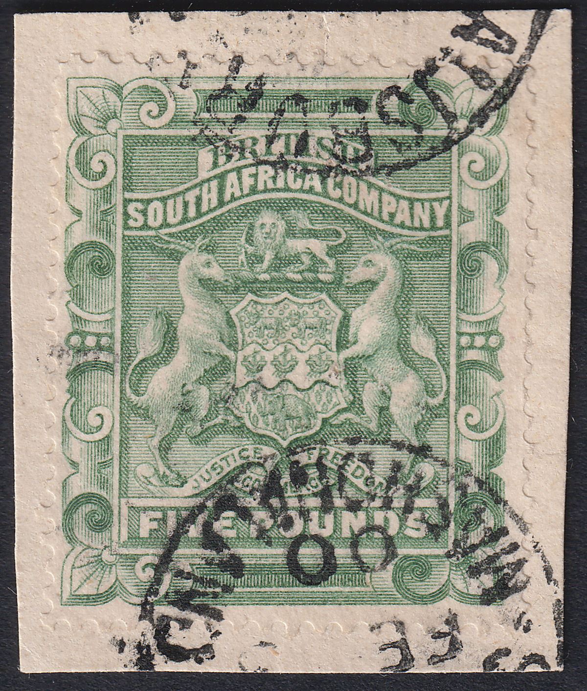 Rhodesia 1892 QV BSAC £5 Sage-Green Used* SG12 c£500 as postal Bogus Pmk