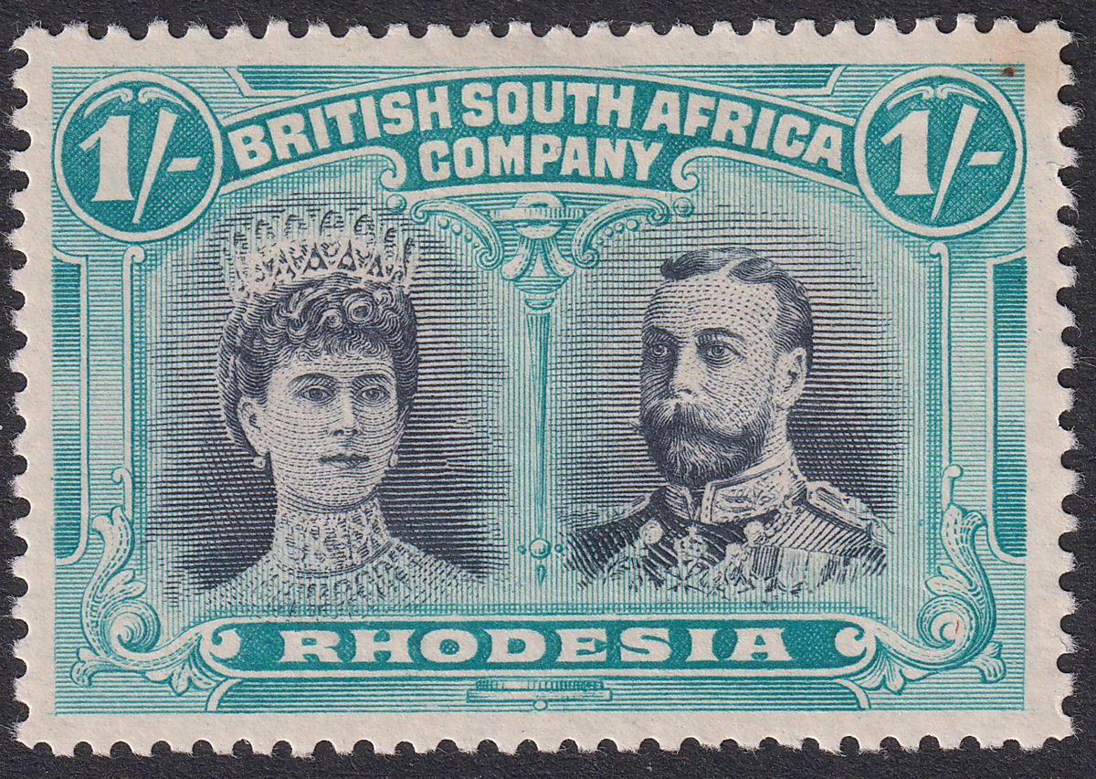 Rhodesia 1910 KGV Double Head 1sh Grey-Black + Blue-Green p14 Mint SG151 cat £70