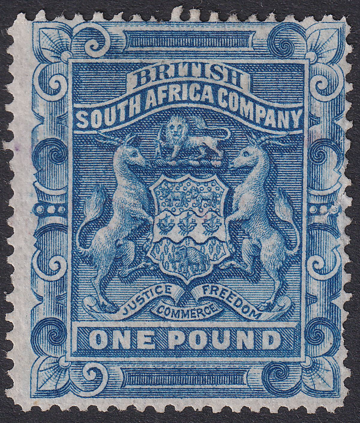 Rhodesia 1892 QV BSAC Arms £1 Deep Blue Cleaned Fiscal SG10fc