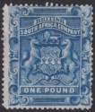 Click for more photos and details Rhodesia 1892 QV BSAC Arms £1 Deep Blue Cleaned Fiscal SG10fc