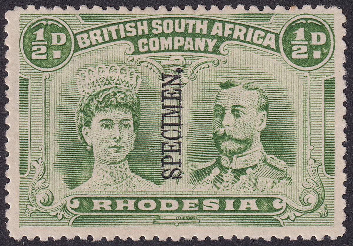 Rhodesia 1910 KGV SPECIMEN Double Head ½d Yellow-Green p14 Mint SG119s