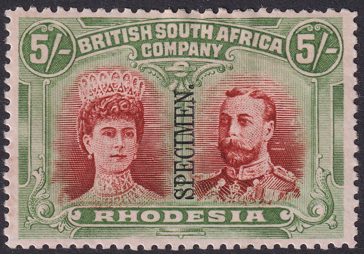 Rhodesia 1910 KGV SPECIMEN Double Head 5sh Vermilion and Deep Green Mint SG159s