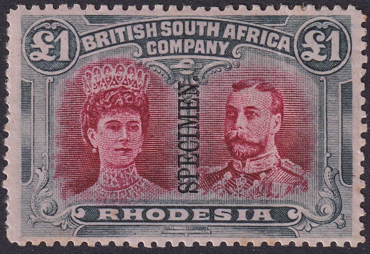 Rhodesia 1910 KGV SPECIMEN Double Head £1 Crims + Sl-Blk Mint SG166as Extra Curl