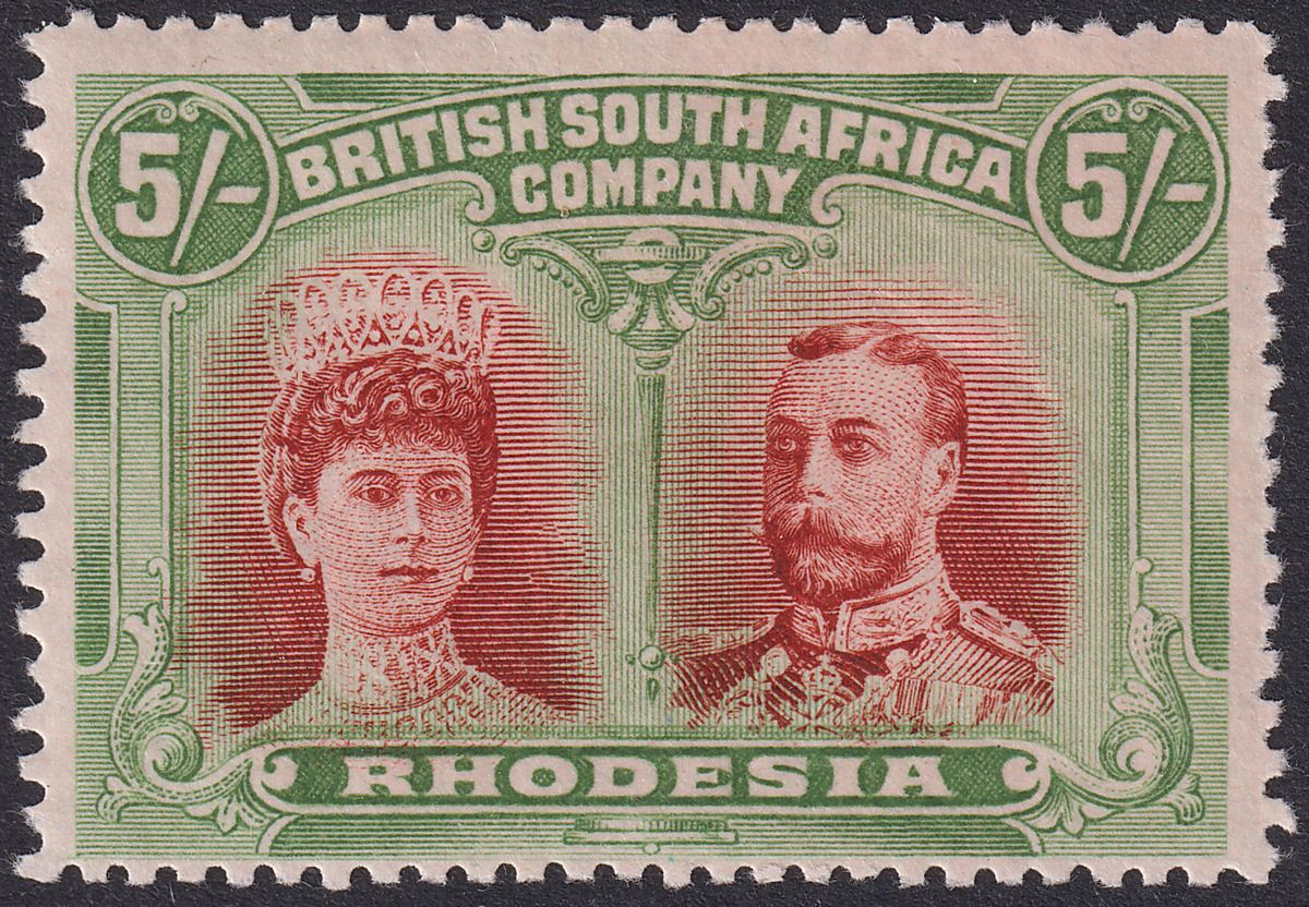 Rhodesia 1910 KGV Double Head 5sh Vermilion and Deep Green Mint SG159 cat £325