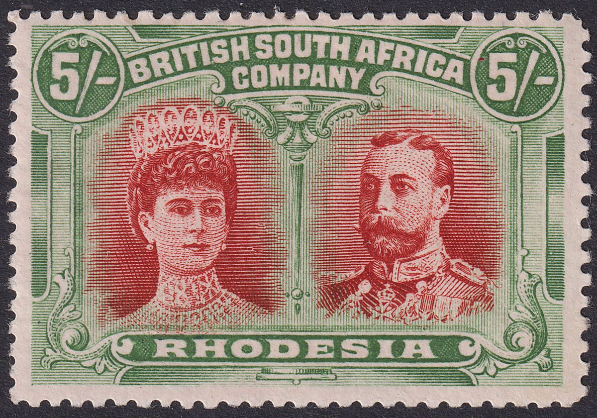 Rhodesia 1910 KGV Double Head 5sh Scarlet-Verm + Darker Green Mint RSC-C c£325