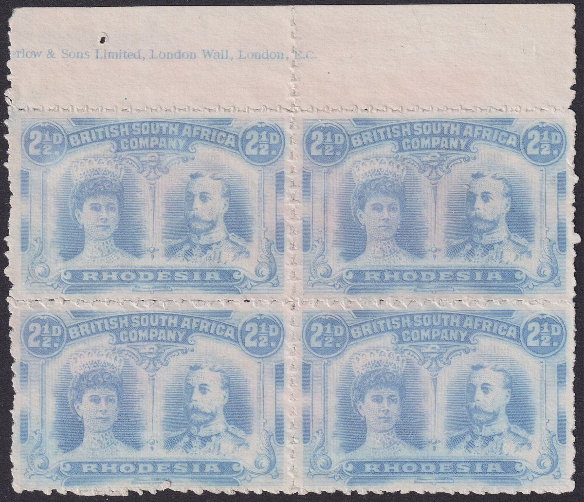 Rhodesia 1910 KGV Double Head 2½d Dull Blue Clandestine Roulette Block Unused