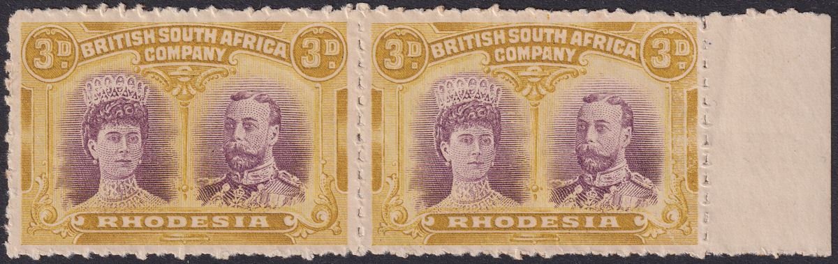 Rhodesia 1910 KGV Double Head 3d Purp + Ochre Clandestine Roulette Mint SG136CR
