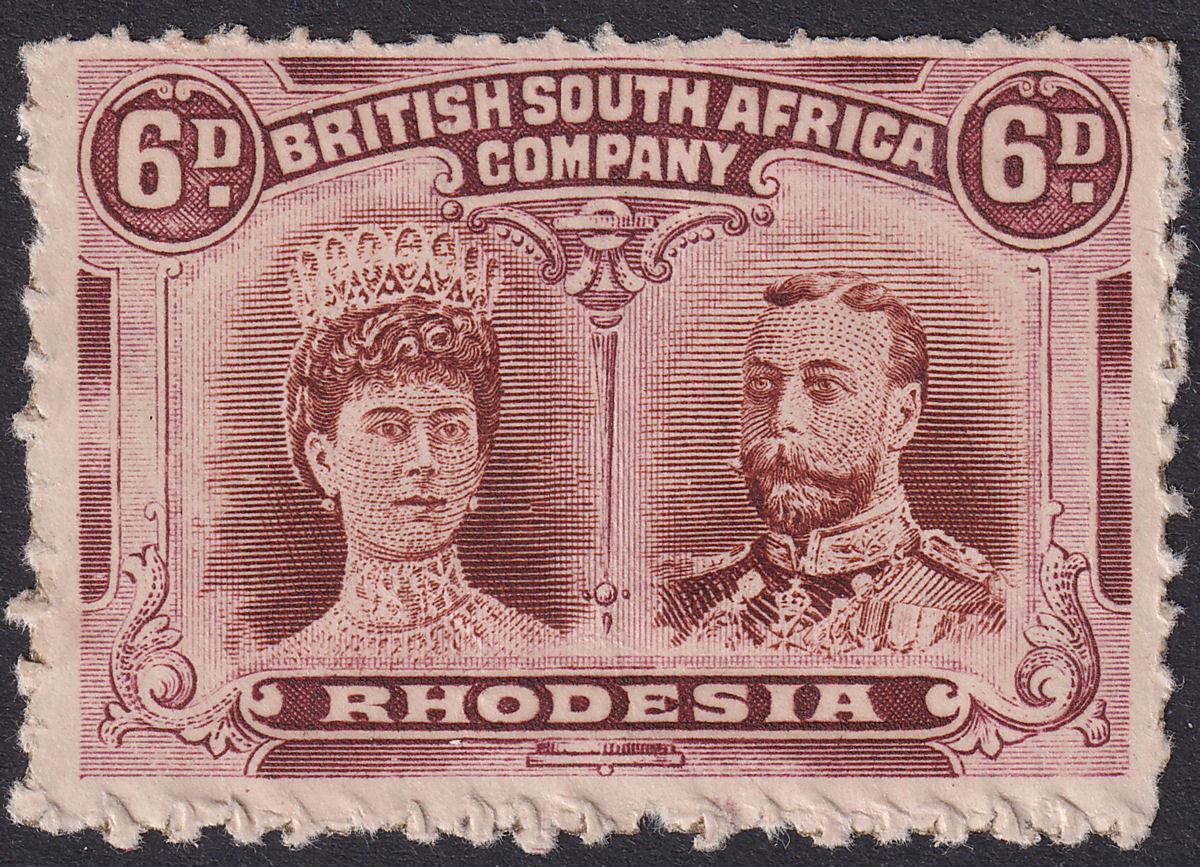Rhodesia 1910 KGV Double Head 6d Brown + Mauve Clandestine Roulette Mint SG144CR