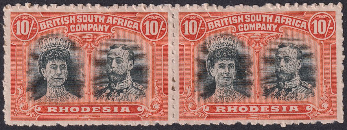 Rhodesia 1910 KGV Double Head 10sh Bk + Orange Clandestine Roulette Mint SG163CR