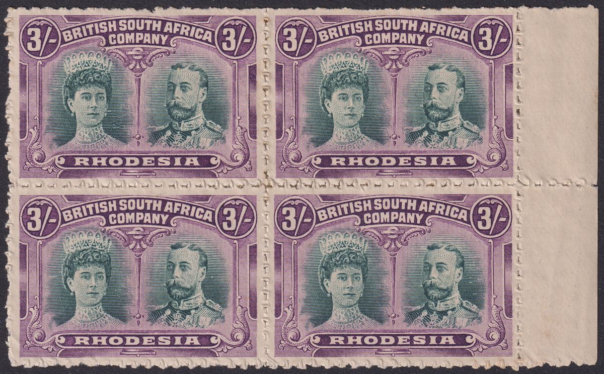 Rhodesia 1910 KGV Double Head 3sh Clandestine Roulette Block Mint SG158CR
