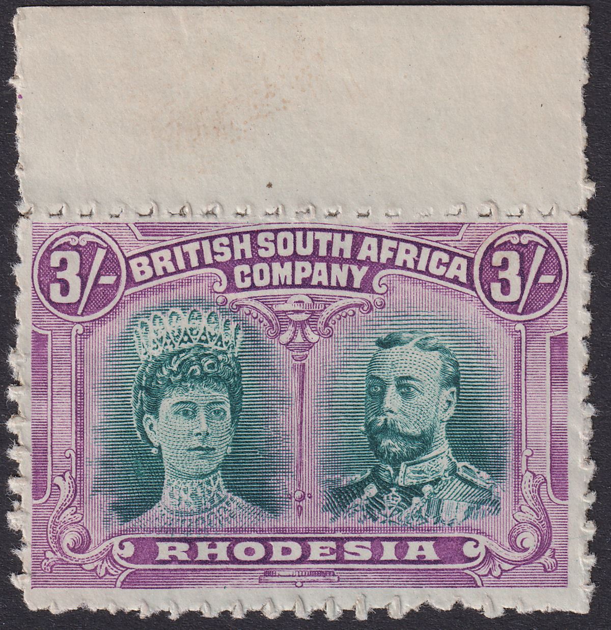 Rhodesia 1910 KGV Double Head 3sh Bright Clandestine Roulette Mint SG158CR