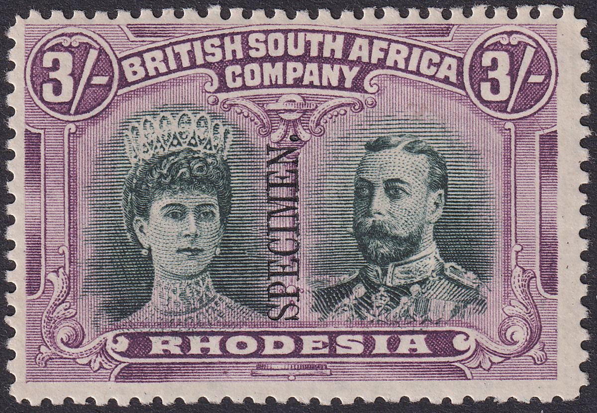 Rhodesia 1910 KGV SPECIMEN Double Head 3sh Green and Violet Mint SG156s