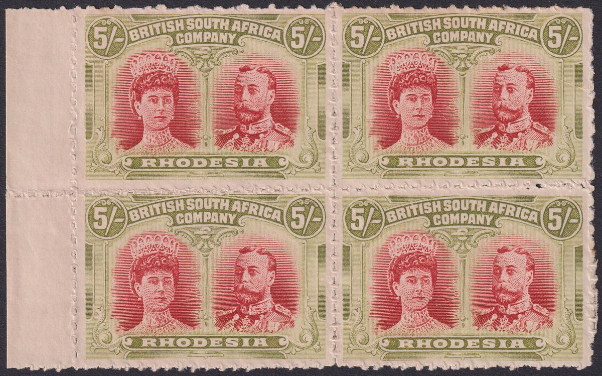 Rhodesia 1910 KGV Double Head 5sh Block Clandestine Roulette Mint SG160CR