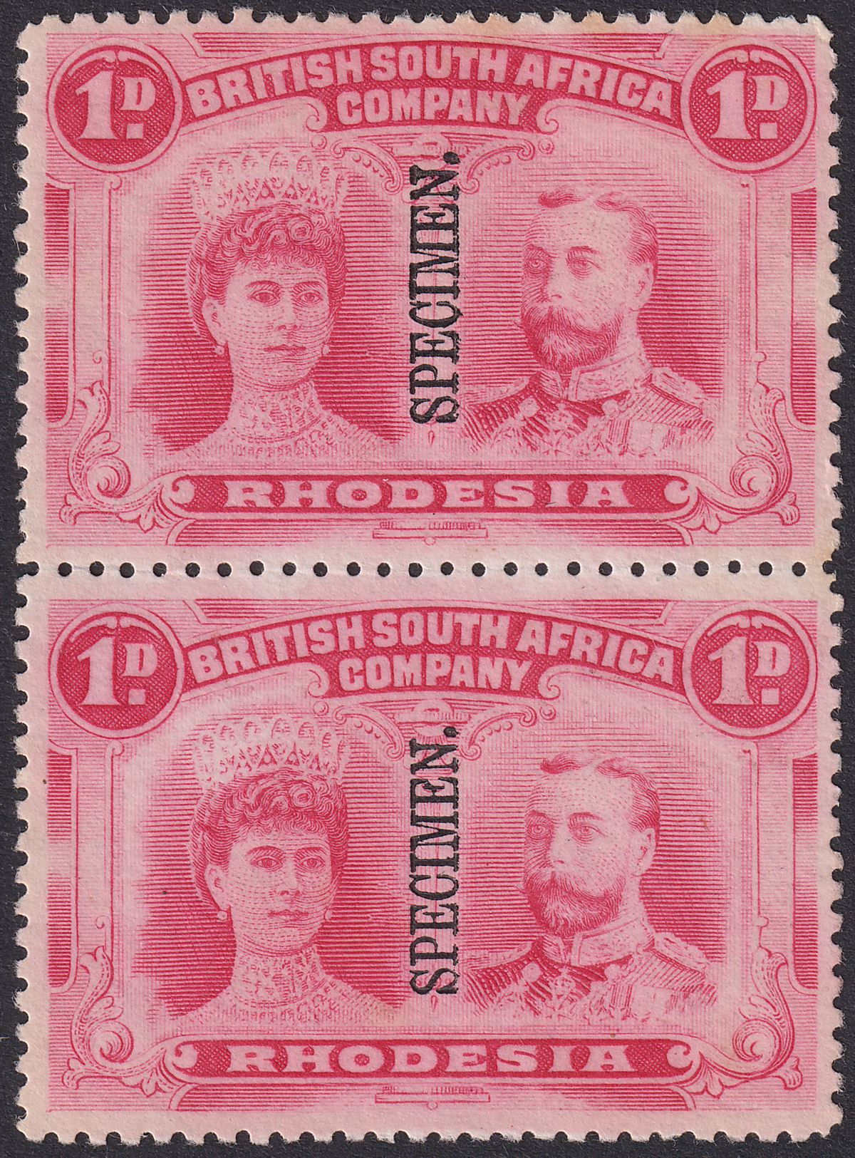 Rhodesia 1910 KGV SPECIMEN Double Head 1d Vertical Pair Unused SG123s