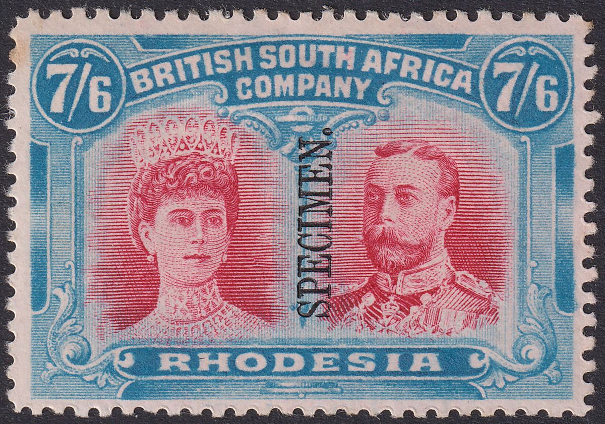 Rhodesia 1910 KGV SPECIMEN Double Head 7sh6d Carmine and Light Blue Mint SG161s