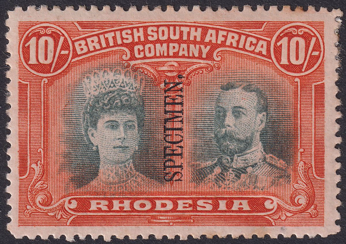 Rhodesia 1910 KGV SPECIMEN Double Head 10sh Blue-Green and Orange Mint SG164s