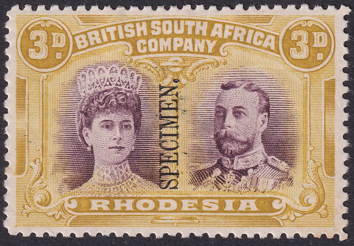 Rhodesia 1910 KGV SPECIMEN Double Head 3d Purple and Ochre Mint SG134s
