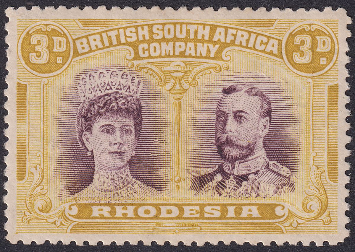 Rhodesia 1910 KGV Double Head 3d Purple and Ochre Mint SG134 cat £50