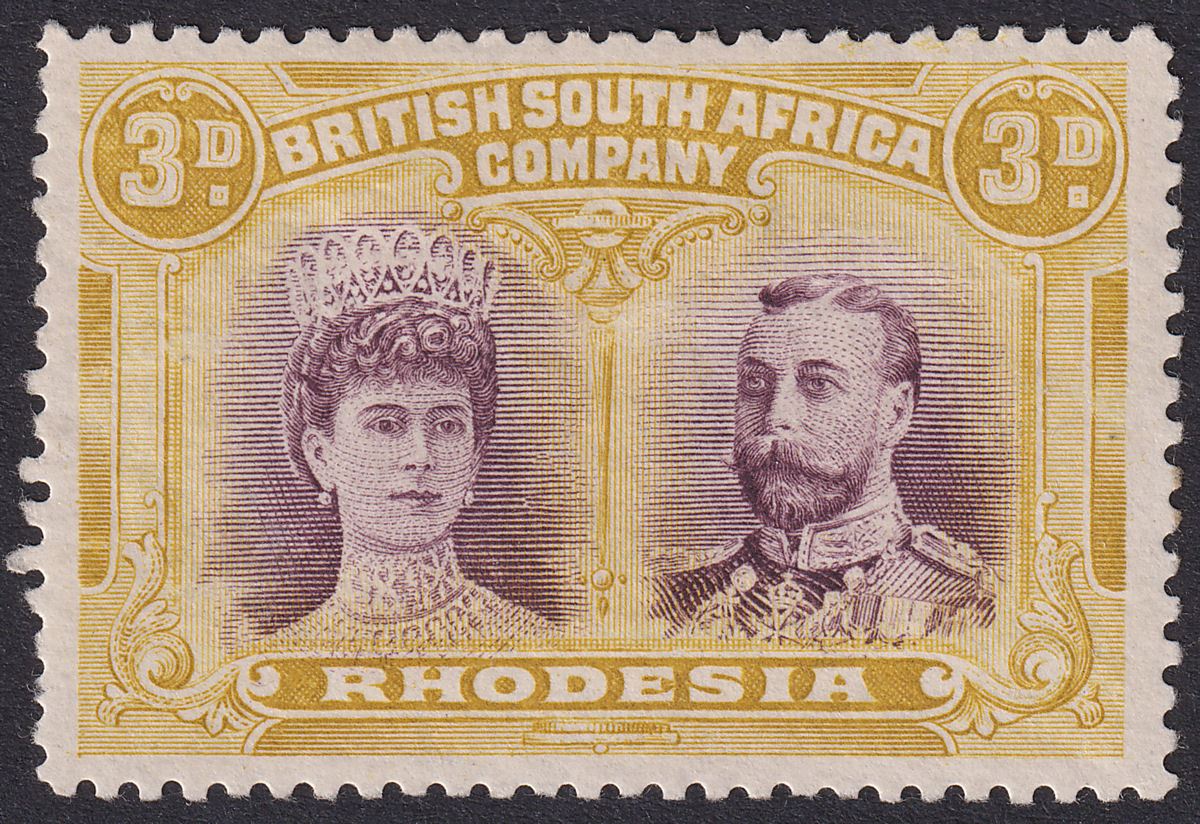 Rhodesia 1910 KGV Double Head 3d Purple + Ochre Mint SG134 w King's Extra Curl