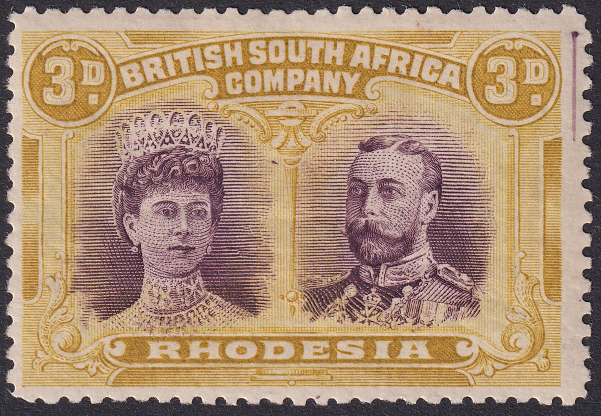Rhodesia 1910 KGV Double Head 3d Violet and Ochre Mint SG137 w Printers Mark