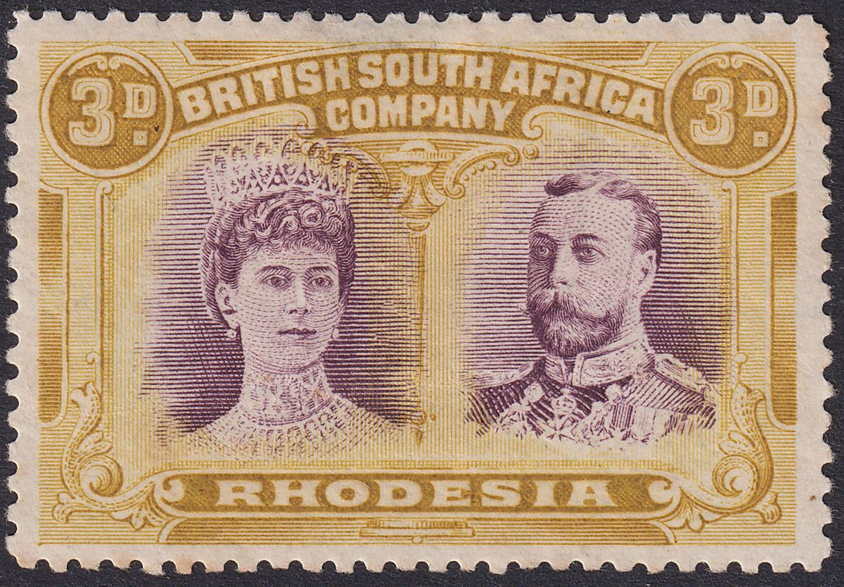 Rhodesia 1910 KGV Double Head 3d Purple and Ochre Mint SG134 w Long Gash in Ear