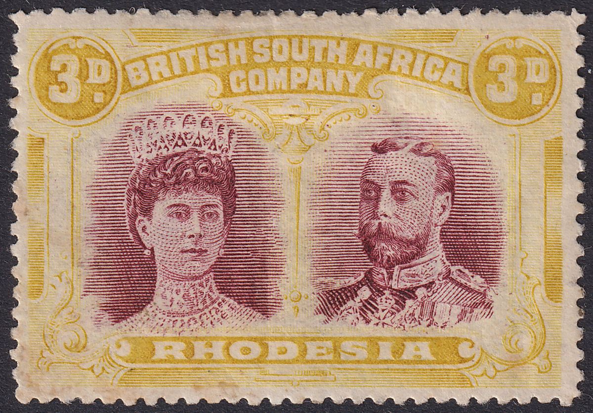 Rhodesia 1910 KGV Double Head 3d Claret + Pl Yel-Ochre p15 Mint SG173a cat £4000