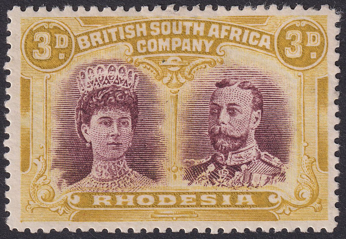 Rhodesia 1910 KGV Double Head 3d Maroon and Ochre Mint SG136a cat £60 pos 49