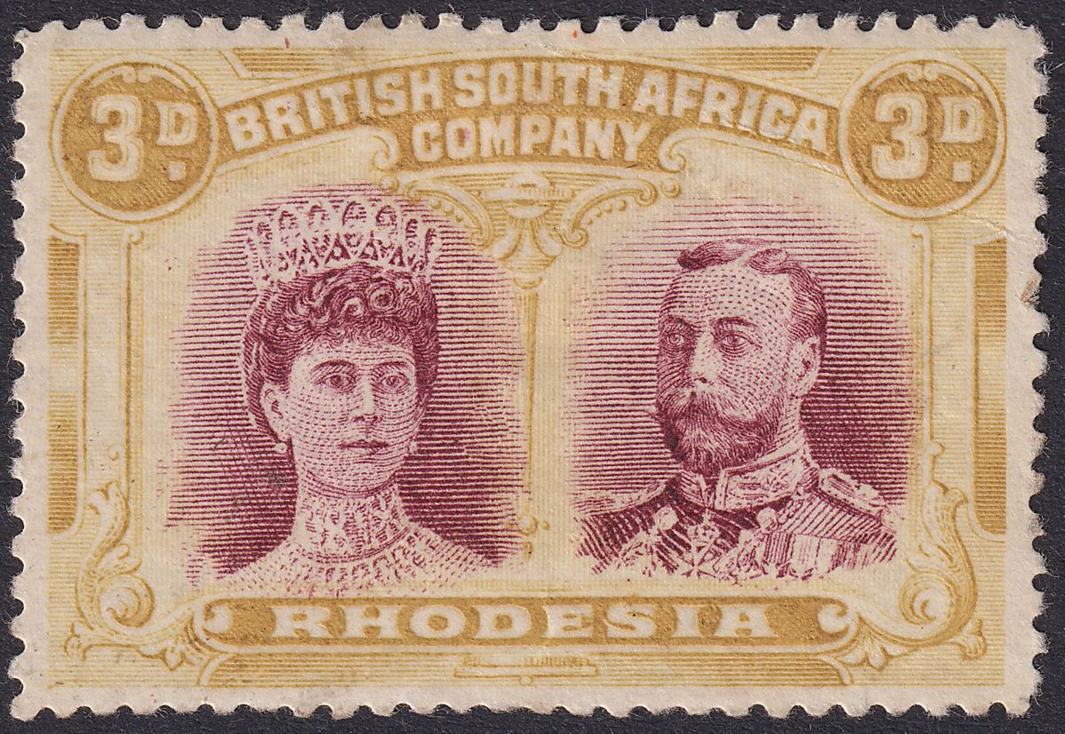 Rhodesia 1910 KGV Double Head 3d Claret and Ochre Mint RSC-D
