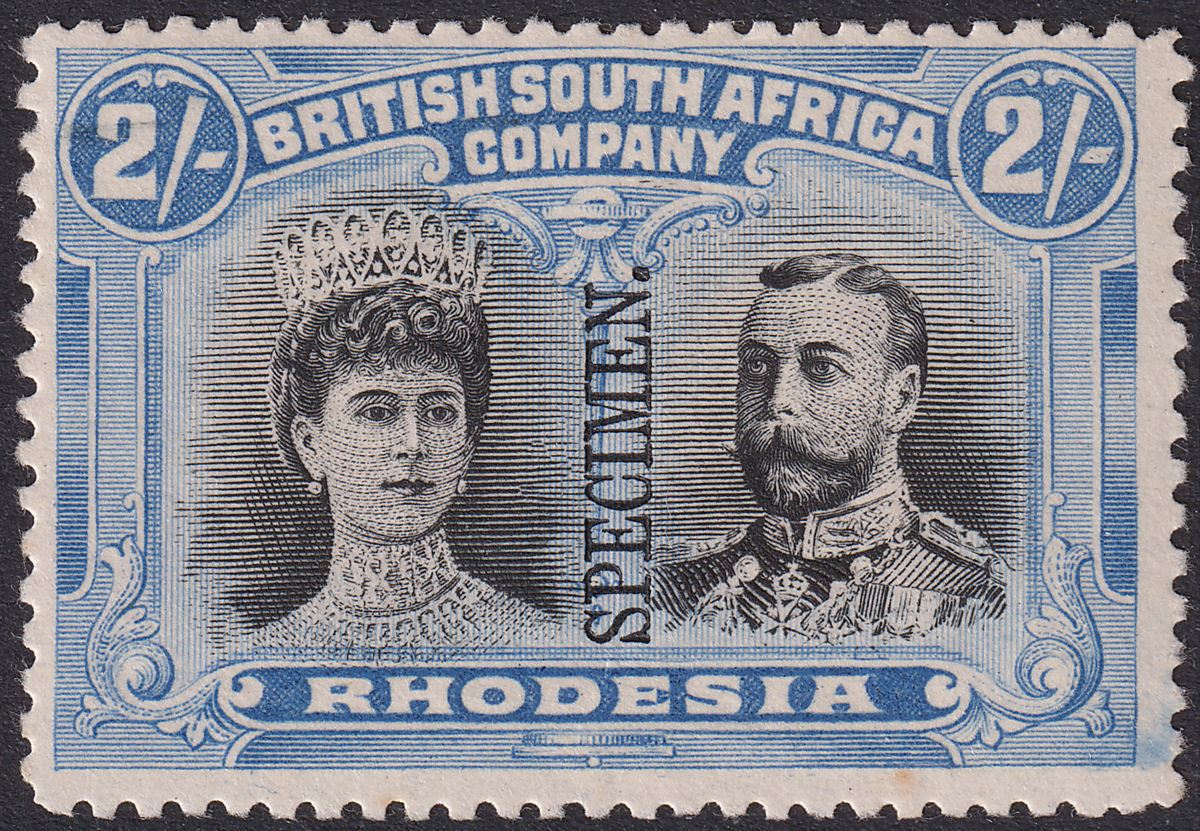 Rhodesia 1910 KGV SPECIMEN Double Head 2sh Black + Ultramarine p14 Mint SG153s