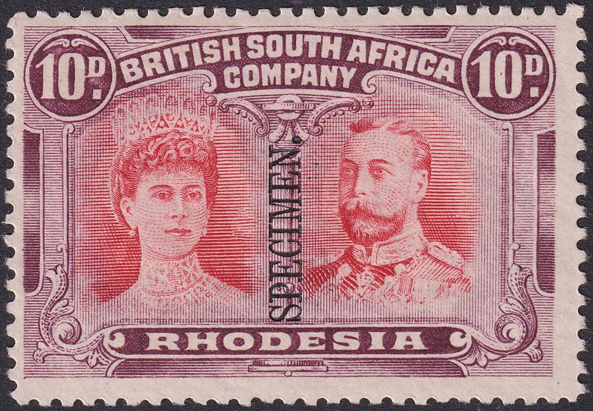 Rhodesia 1910 KGV SPECIMEN Double Head 10d Scarlet + Reddish Mauve Mint SG149s