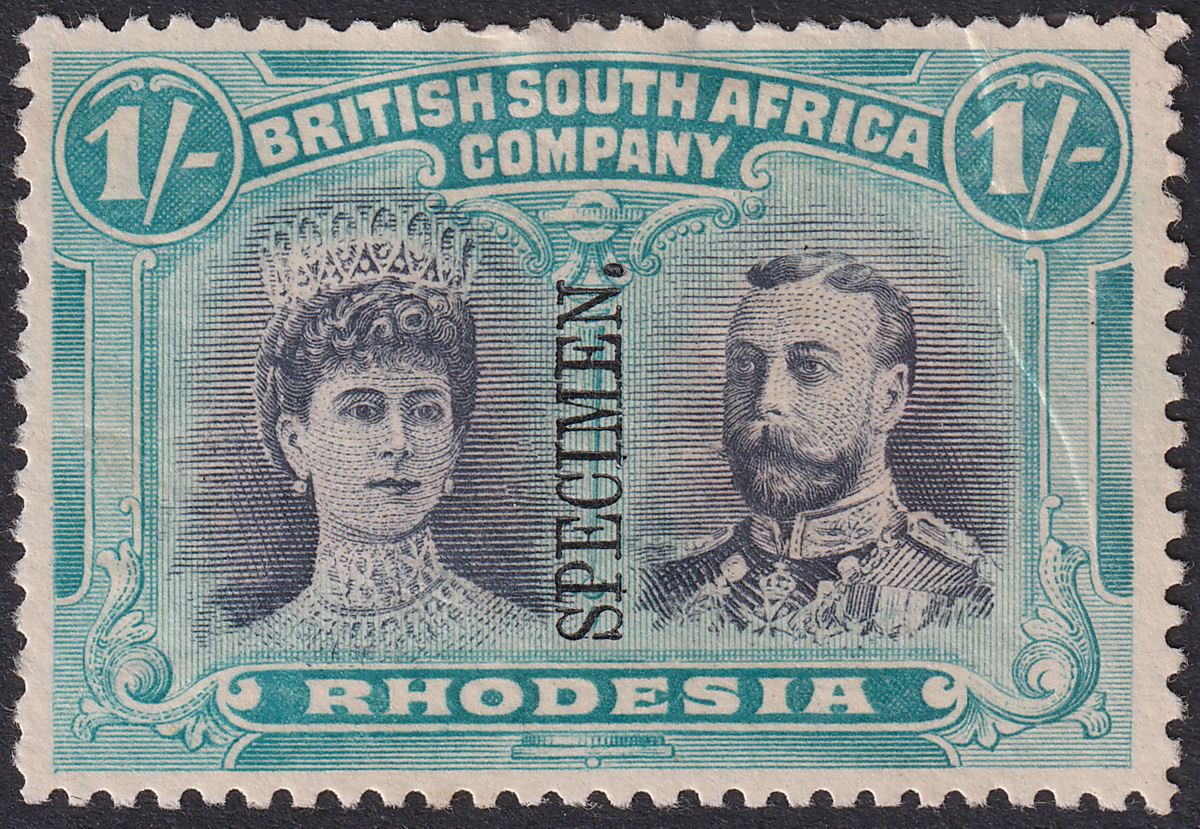 Rhodesia 1910 KGV SPECIMEN Double Head 1sh Grey-Blk + Bl-Green p14 Unused SG151s