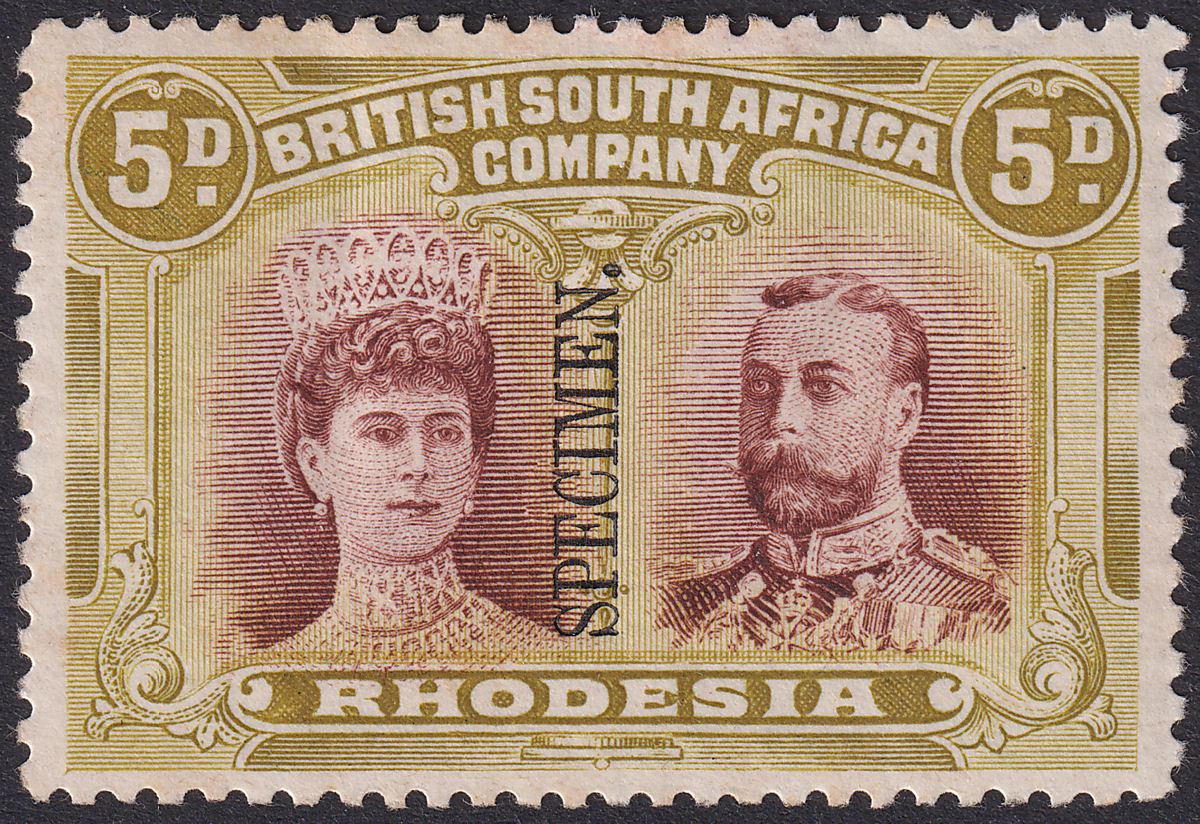 Rhodesia 1910 KGV SPECIMEN Double Head 5d Purple-Brn + Olive-Yellow Mint SG141as