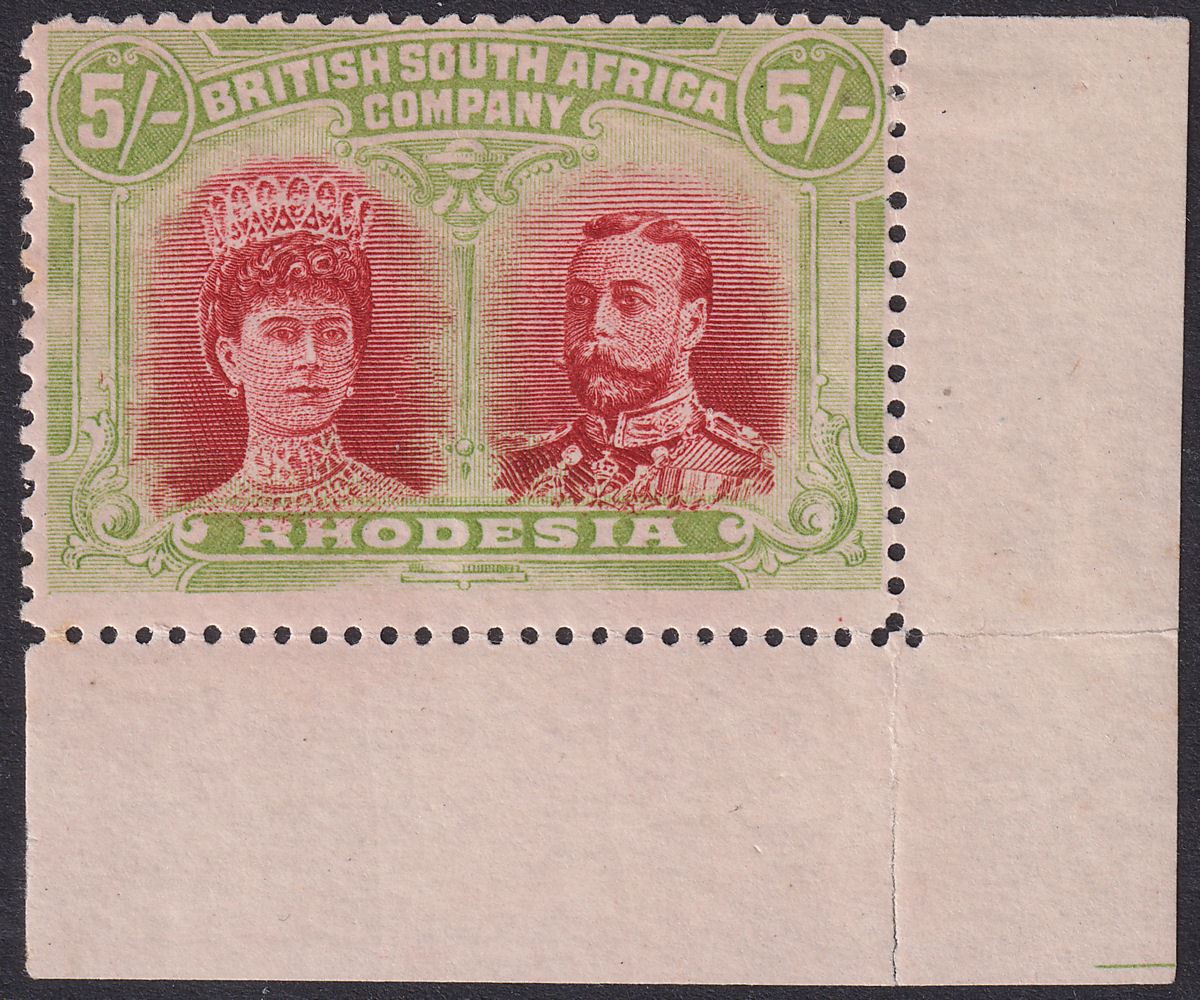 Rhodesia 1910 KGV Double Head 5sh Scarlet + Pale Yel-Green Mint SG160 cat £350