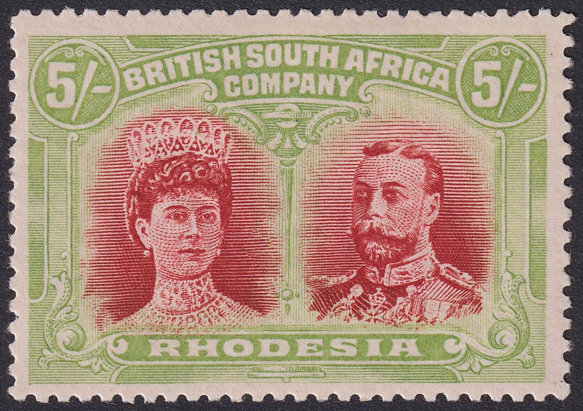 Rhodesia 1910 KGV Double Head 5sh Scarlet + Brighter Green Mint SG160 cat £350