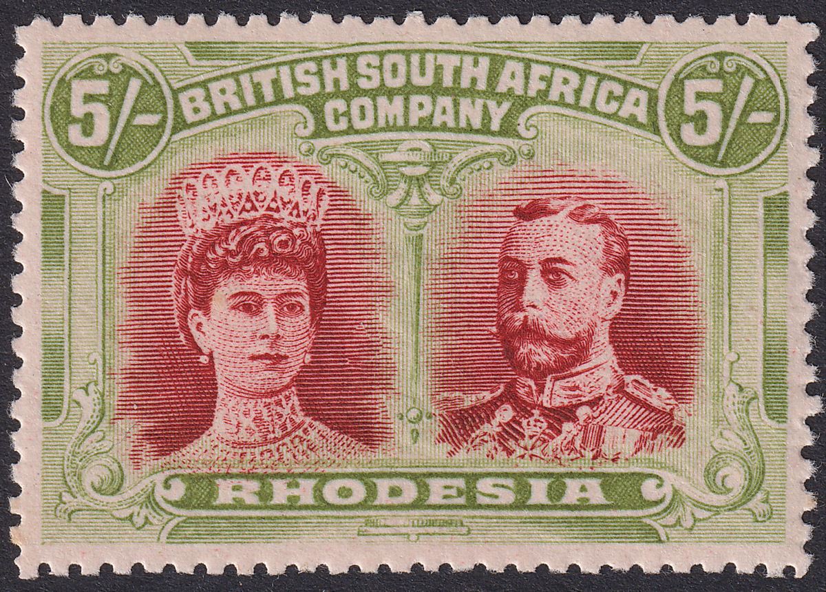 Rhodesia 1910 KGV Double Head 5sh Crimson and Yellow-Green Mint SG160a cat £300