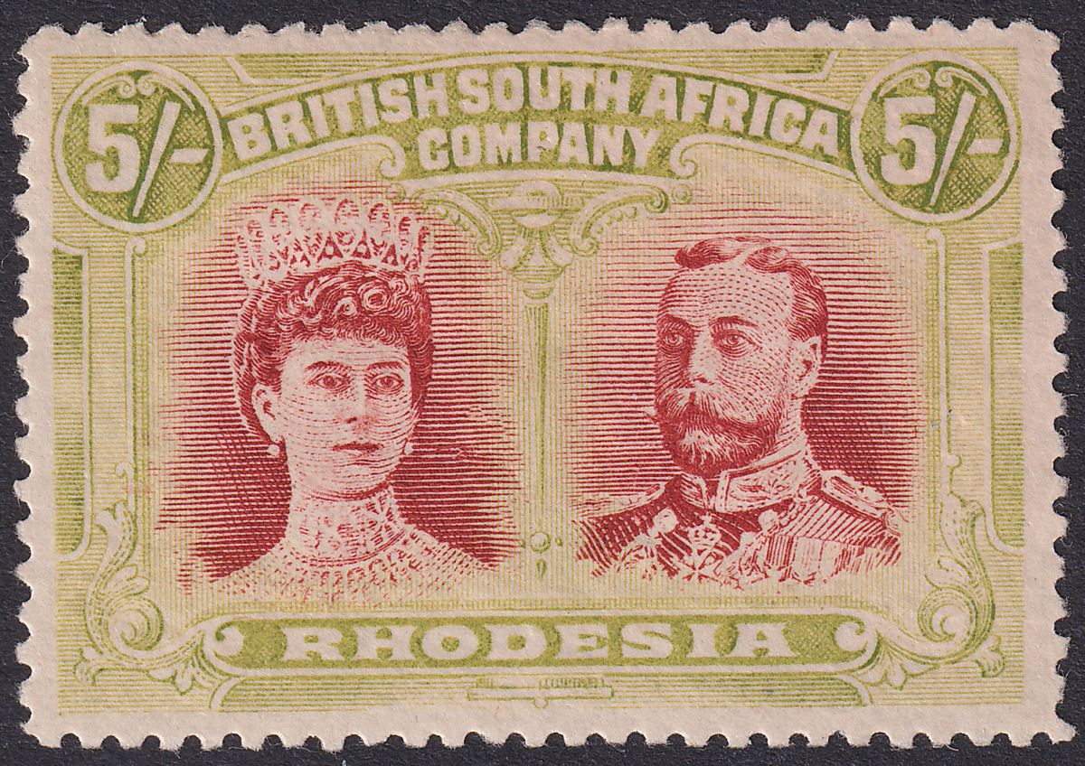 Rhodesia 1910 KGV Double Head 5sh Crimson + Yellow-Olive? Mint SG160a var shade