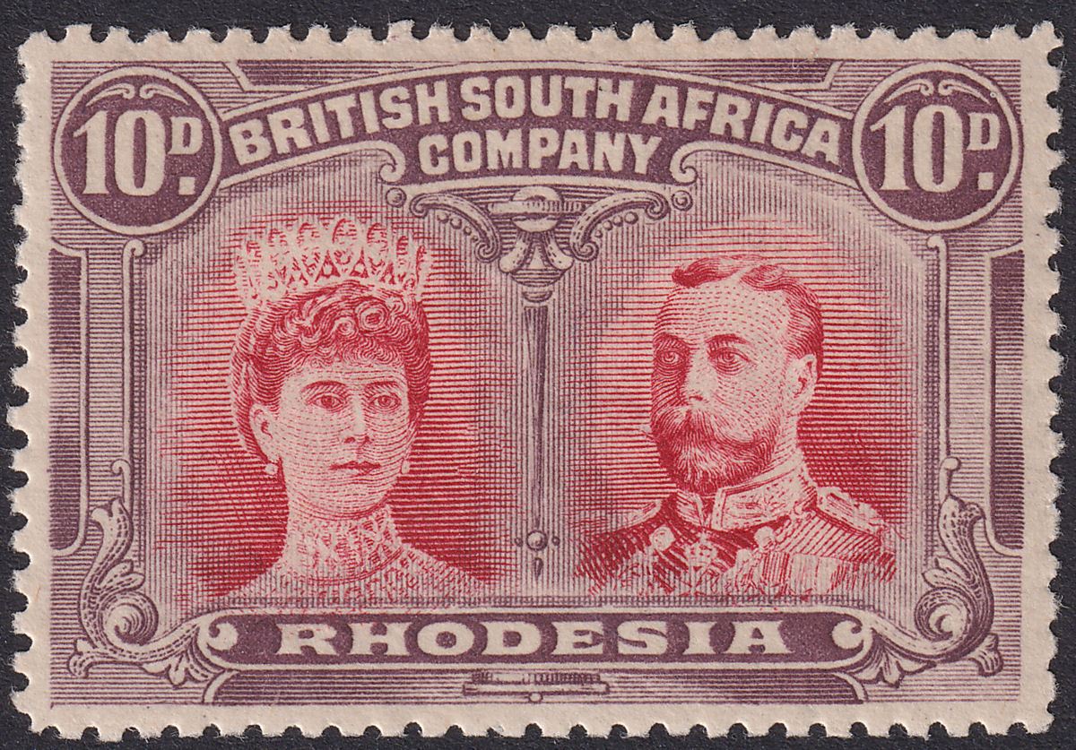 Rhodesia 1910 KGV Double Head 10d Carmine + Deep Purple Mint SG150 cat £600 cert