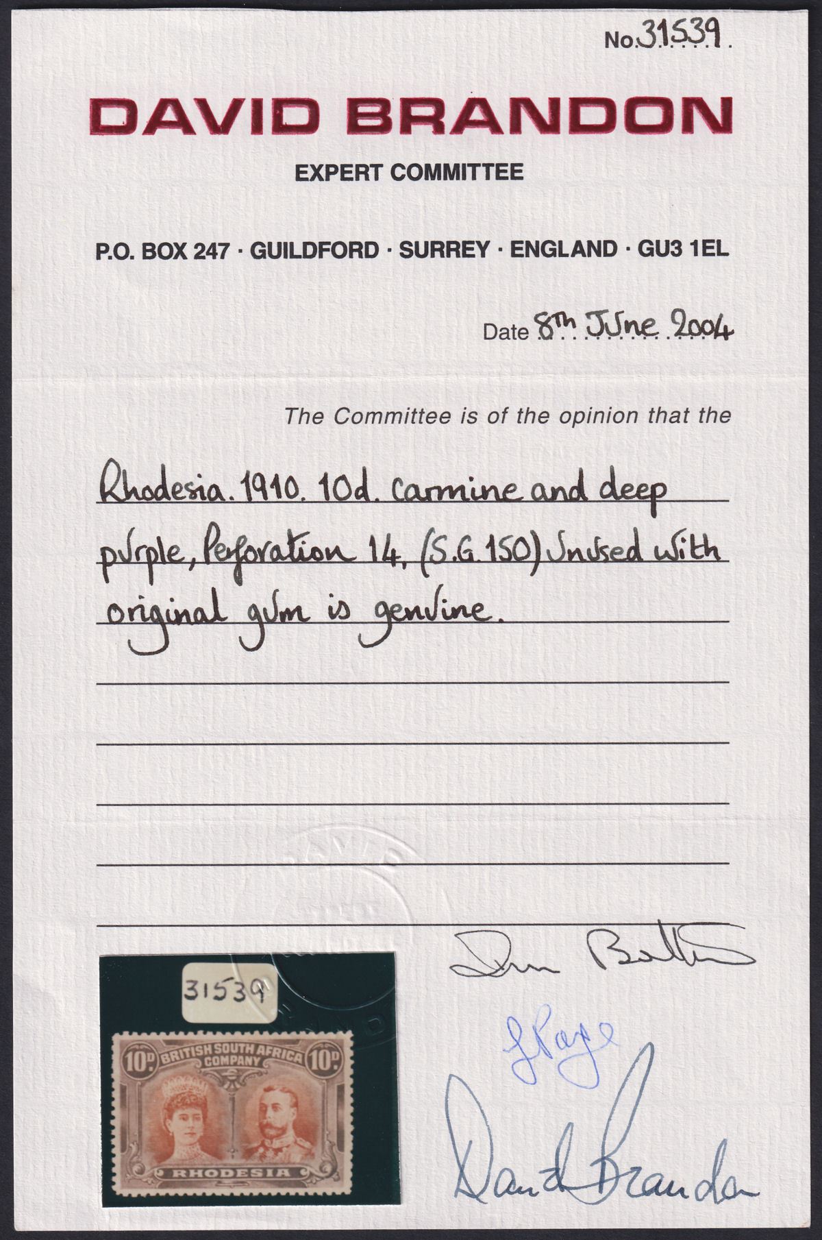 Rhodesia 1910 KGV Double Head 10d Carmine + Deep Purple Mint SG150 cat £600 cert