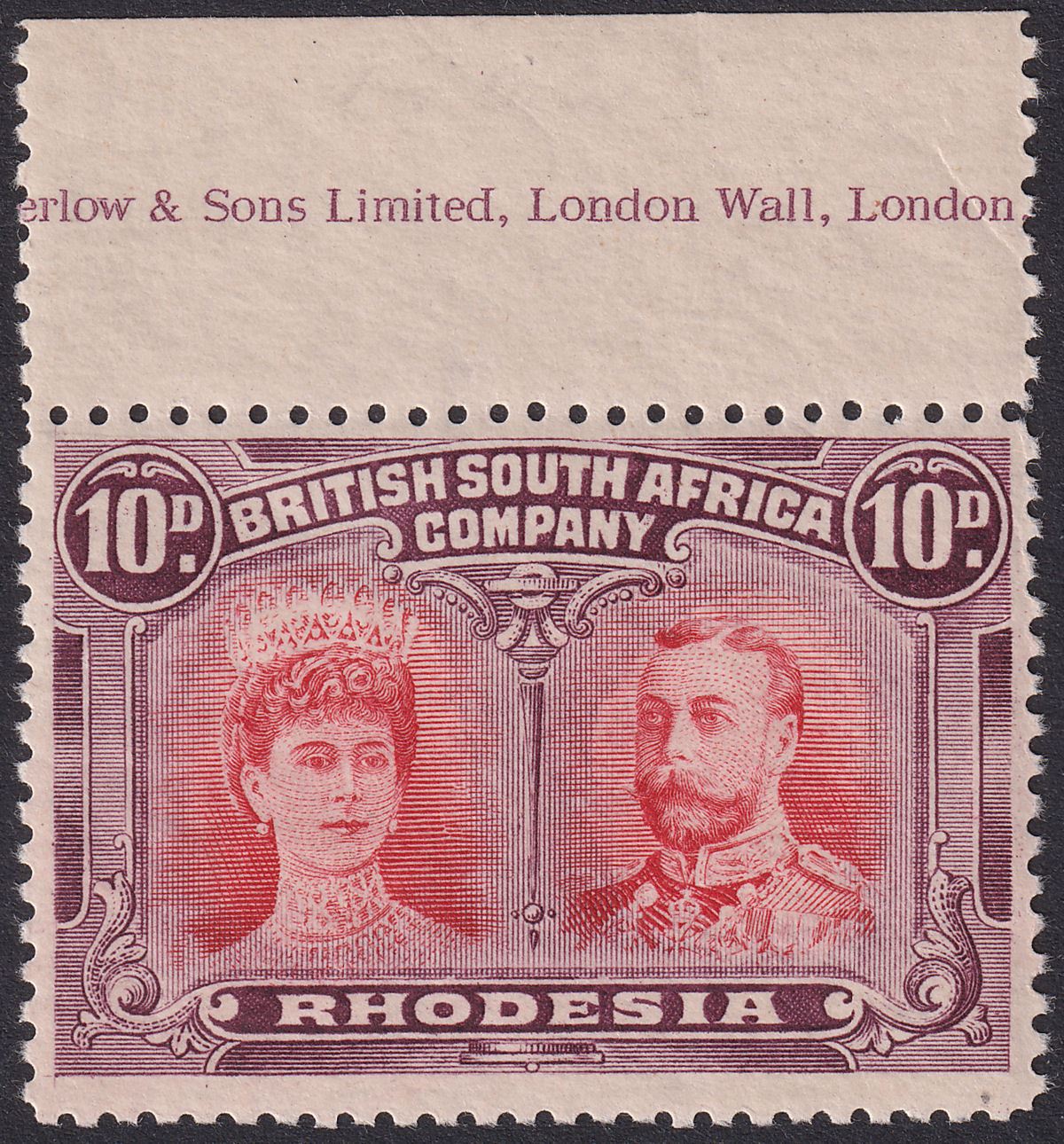 Rhodesia 1910 KGV Double Head 10d Scarlet + Reddish Mauve Imprint Mint SG149